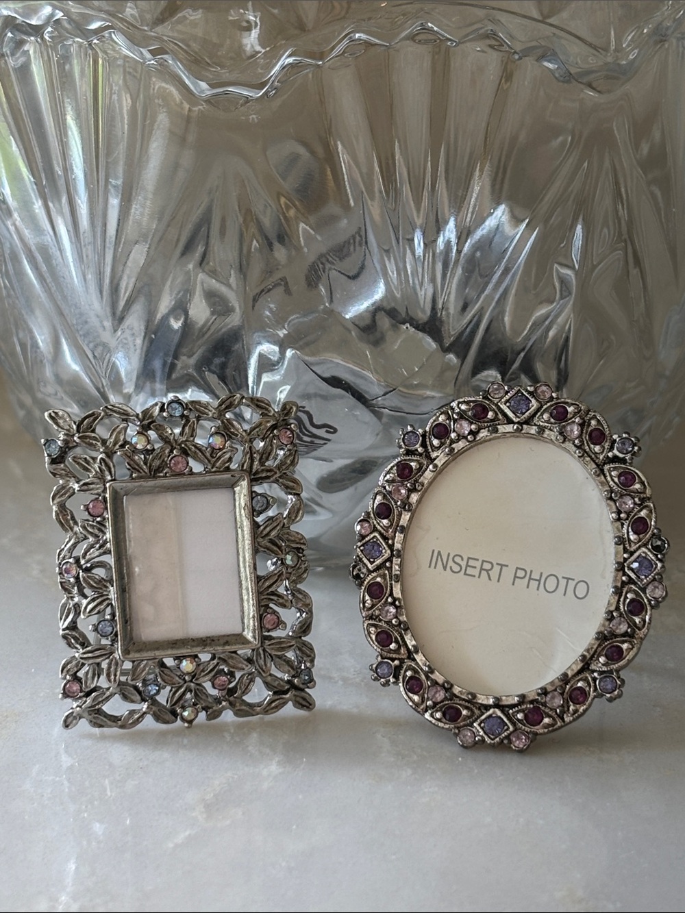 Two Decorative Silver-Tone miniature Picture Frames with Pink and Purple Accents